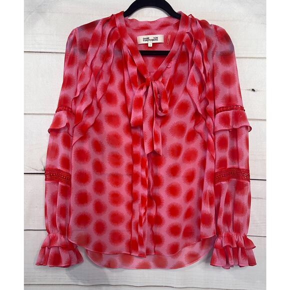 Diane Von Furstenberg Tops - Diane Von Furstenberg Size 8 Pink Red Ruffles Blouse